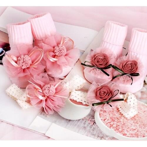 2 Pcs/Set Cute Baby Girl Headbands Socks Set Lace Flower Newborn Headband Girls Turban Baby Hair Accessories Gifts for 0-1Years