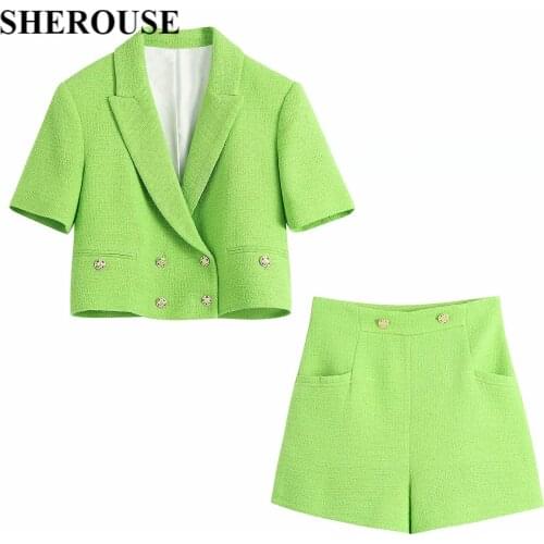 2021 New Women Two Pieces Set Tweed Textured Cropped Blazer and Shorts Suit Fashion Casual Chic Lady Outfits Women Suit