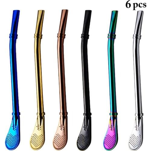 6pcs Metal Spoon Tea Filter Tea Straws Stainless Steel Drinking Straw Reusable Tea Tools Washable Bar Accessories