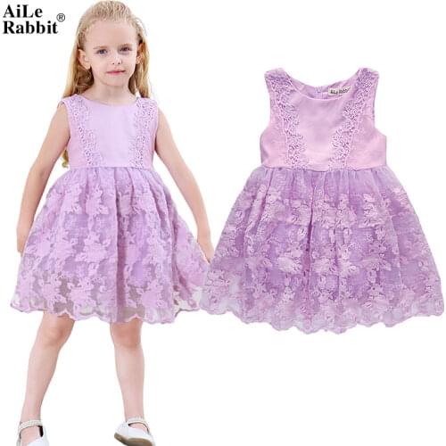 AiLe Rabbit Childrens Clothing Girls Lace Dress Fashion Party Wedding Dress Brand High Quality Apparel Purple Green k1