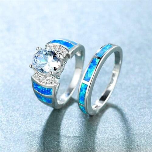 White Crystal Oval Stone Wedding Ring Sets Vintage Female Blue Opal Ring Classic Silver Color Engagement Double Rings For Women