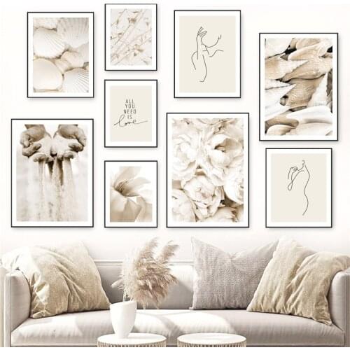 Beige Landscape Grains Sand Flower Shell Line Woman Wall Art Print Canvas Painting Nordic Poster Decor Pictures For Living Room