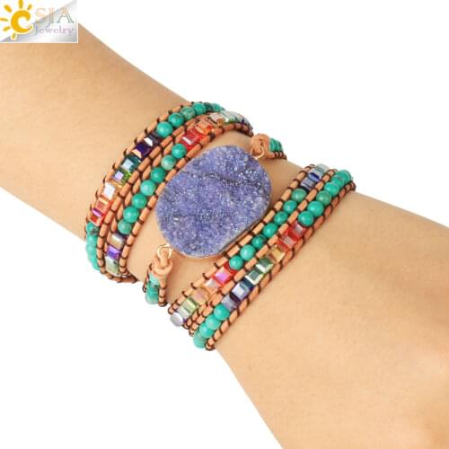 CSJA Natural Purple Druzy Geode Crystal Leather Wrap Bracelets Amazonite Turquoises Stone Beaded Boho Jewelry for Summer S641