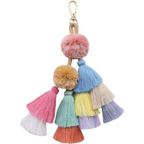 Handmade Colorful Fringe Tassel Pompom Keychain Keyring for Women Bag Accessories Bohemian Style Keyholder