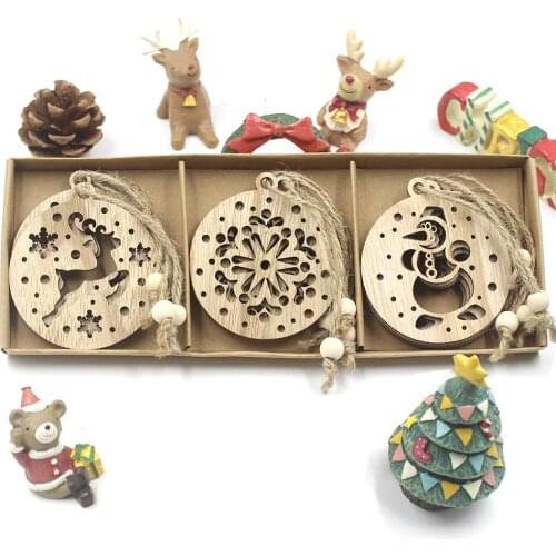 Wooden Snowflakes Christmas Ornaments Xmas Wood Pendants New Year Christmas Deer Snowman Decorations For Home New Year Kids Gift