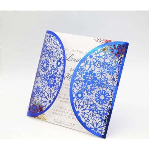 Graceful floral royal blue laser cut wedding invitations