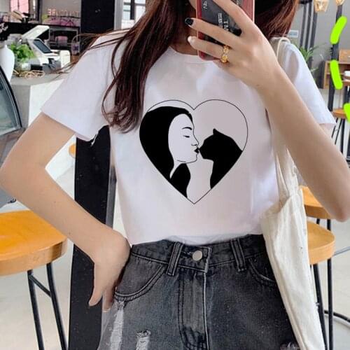 Womens T-shirt cute heart love printing T-shirt basic O-neck short-sleeved ladies white T-shirt kawaii graphic girl T-shirt