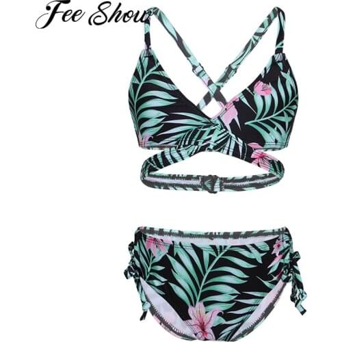 2Pcs Kids Girls Floral Print Bikinis Set Summer Brazilian Beach Swimsuits V Neck Spaghetti Straps Triangle Bra Low Waist Briefs