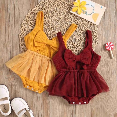 Lovely Summer Cotton Linen Casual Newborn Baby Girls Bodysuits Solid Patchwork Mesh Sleeveless Toddler Jumpsuit Sunsuit With Bow