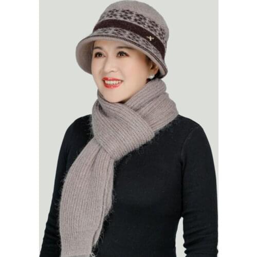 2020 Fashion Women Warm Hat Scarf Female Rabbit Wool Cap Grandma Warm Knitted Beanies Winter Velvet Mother Hat Scarf 2pcs Set