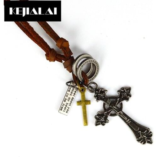Men Jewelry Vintage Jesus Cross Pendant Necklace Genuine Leather Rope Chain Christian Jesus Piece Necklace for Men Women Fashion