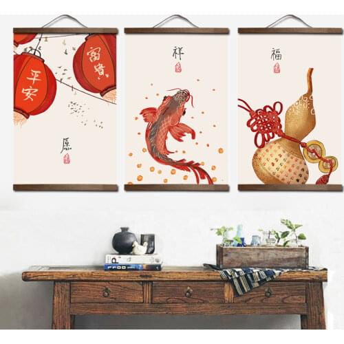 Chinese style green plants canvas decorative painting Store bedroom living room wall art solid wood scroll painting customizable