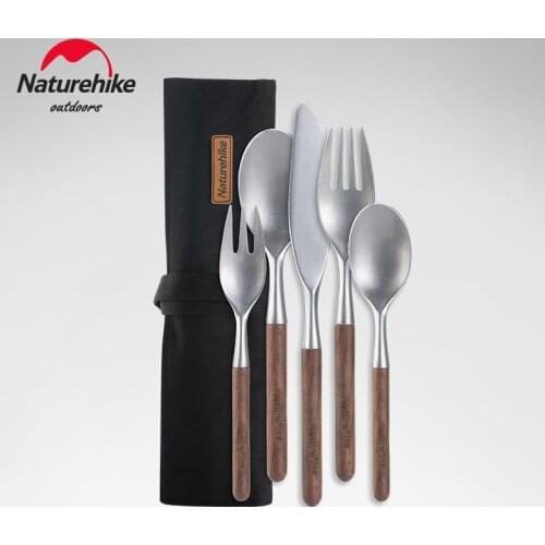Naturehike Stainless Steel Wooden Tableware Set for Outdoor Camping Picnic Portable Knife, Fork and Spoon set utensils set