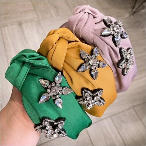 New Korean Fashion Solid Color Headbands Shiny Star Fabric Hair Bands Rhinestone Decoration Wide Knot Hairbands