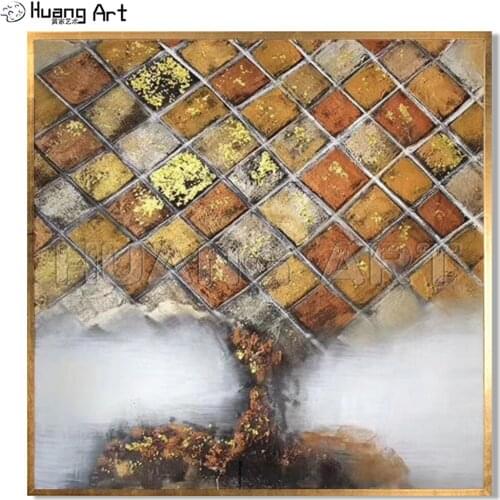 Original Best Art Silver Tree 100% Hand-Painted Abstract Square Lattice Landscape Oil Painting on Canvas Gold Rich Tree Painting