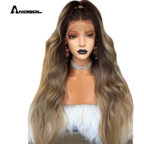 Anogol Dark Roots Ombre Blonde Long Body Wave 24" Heat Resistant Hair Wig Synthetic Lace Part Wigs For Black Women