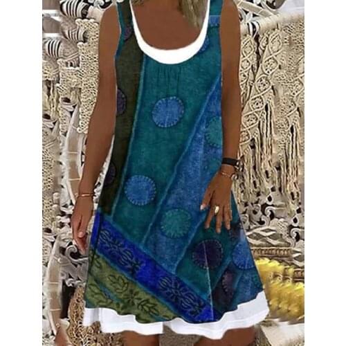 3XL Large Size Loose Casual Dress Summer Sleeveless Fake Two Piece Boho Mid Dresses Women Female