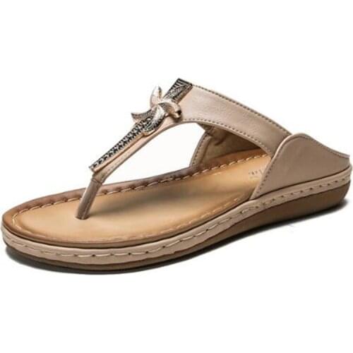 Summer woman sandals PU Slip On Flat Toe Round Toe Rhinestones Bohemia Toe Comfy Soft Retro Wedge Toe women shoes size 36-44