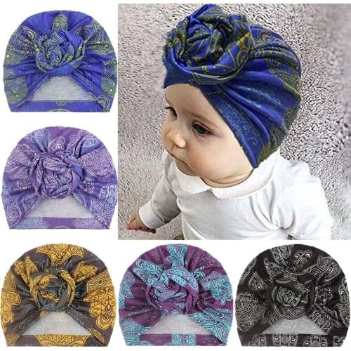 New Bohemia Retro Print Flower Kids Hats Round Ball Rose Knot Newborn Infant Toddler Hedging Caps Turban Baby Girls Headwear