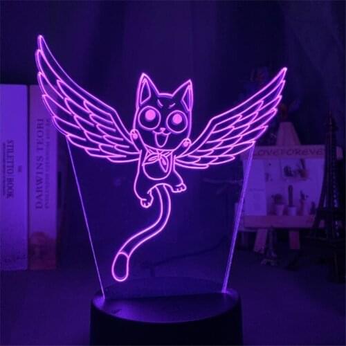 Fairy Tail Cat Happy 3D Lamp LED Night Light Fly Cartoon Figure Lampara Kids Baby Bedroom Decoration Lamps Touch Remote Decor