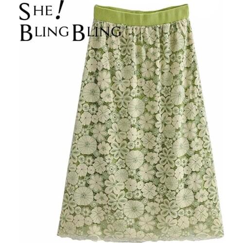 SheBlingBling Za Autumn Winter Lace Print 2 Layer Woman Casual Knit Midi Skirts Elastic High Waist Package Hip Skirt Green 2021