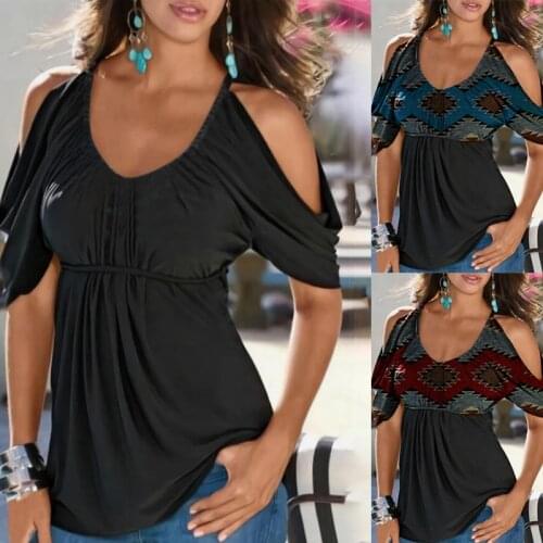 Women Summer Ethnic Style Short Sleeve Tops Sexy Loose Off Shoulder Tshirt Casual V Neck Blouse Geometric Printing T-shirt