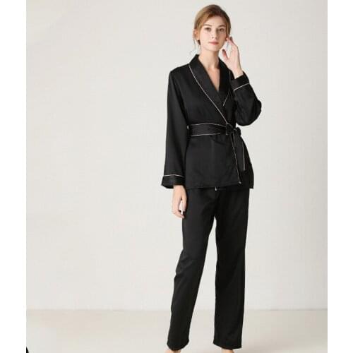 Pajamas Womens Faux Silk Long Sleeve Long Pants Lapel High-End Homewear Set Solid Color Lace-up 2-Piece Set Lounge Wear