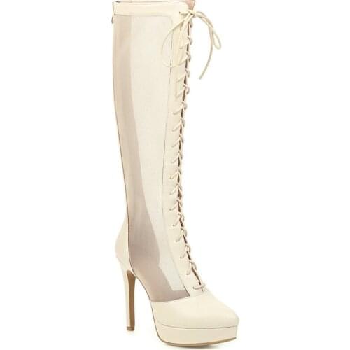 2021 Spring And Autumn Ladies Shoes Fashion Pointed Toe Mesh Zipper High Heels Cross-Tied Waterproof Taiwan Knee High Boots