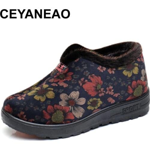 CEYANEAO Winter Boots Women Shoes Warm Print Snow Boots Furry Fur Velvet Cotton Cloth Cozy Ankle Boots Non-Slip Booties Elderly