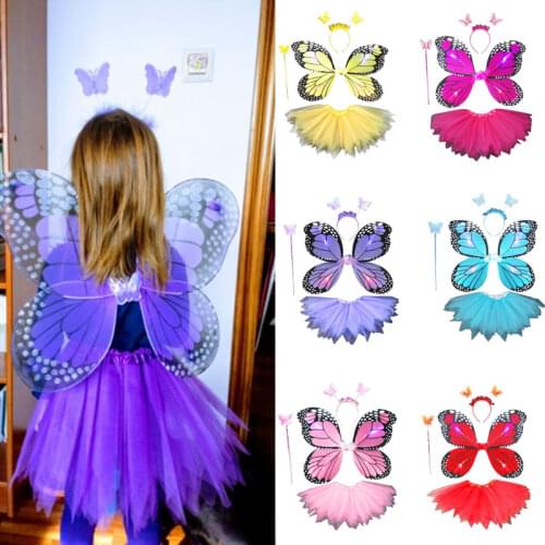 4Pcs Women Girls Fairy Cosplay Costume Set LED Simulated Butterfly Wing Pointed Tutu Skirt Headband Wand Princess Party Dress Up