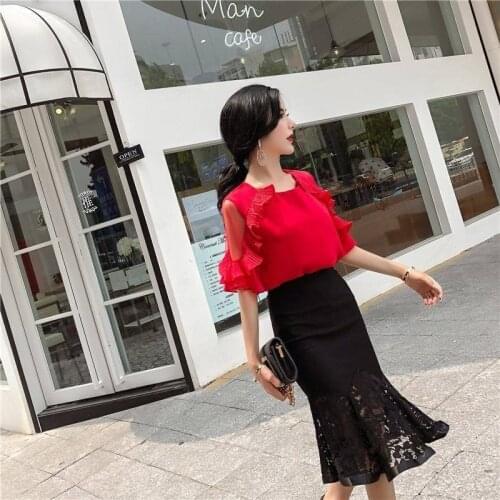 Women Suit Set Summer 2021 New Short Sleeve Chiffon Blouse Shirt and Lace Midi Skirt Fashion 2 Piece Sets Womens Outfits Y634