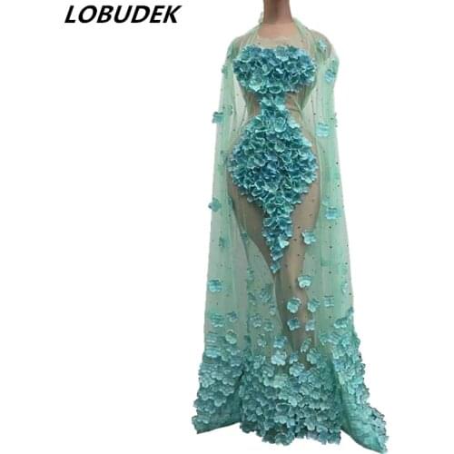 Fashion Women Floral Long Dress Sexy Transparent Mesh Shawl Tailing Evening Party Singer Stage Outfit Prom Party Show Costume