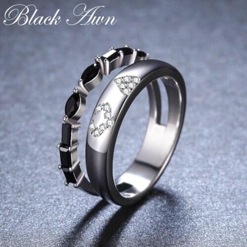 2021 New Trendy 925 Sterling Silver Fine Jewelry Engagement Black Spinel Engagement Ring for Women Anillos Mujer G054
