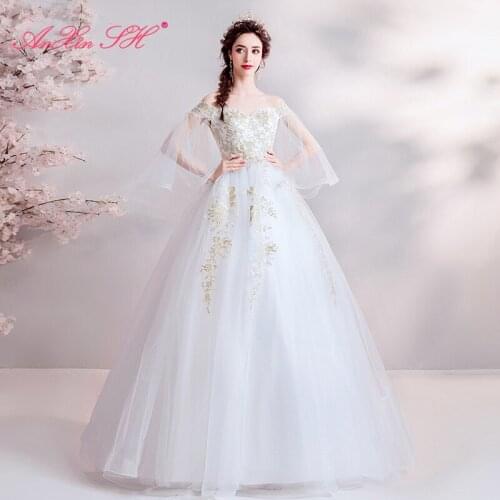 AXJFU Luxury princess golden lace wedding dress boat neck vintage crystal beading flower pagoda sleeve white wedding dress 2661