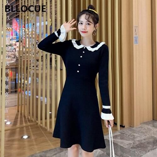 BLLOCUE 2019 New High Quality Fashion Runway Women Knitted Sweater Dress Autumn Ladies Doll Collar Flared Sleeve Slim Mini Dress