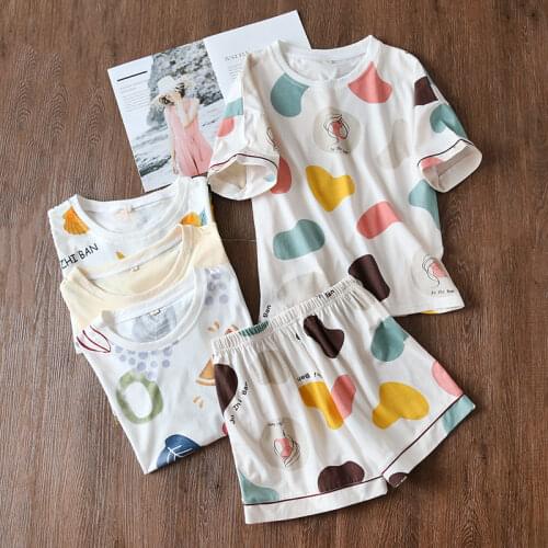 Summer New Knitted Cotton Round Neck Short Sleeve Pajamas Shorts Printing Sleepwear Loungewear 2 Piece Women Wear Home Clothes