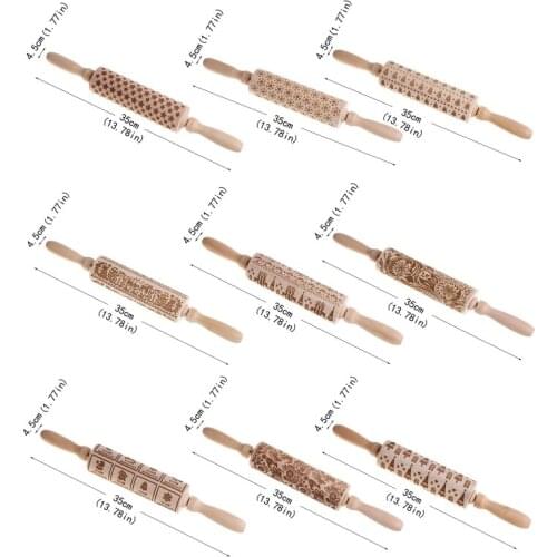 B0KB Christmas Embossing Rolling Pin Baking Cookies Noodle Biscuit Fondant Cake Dough Engraved Roller