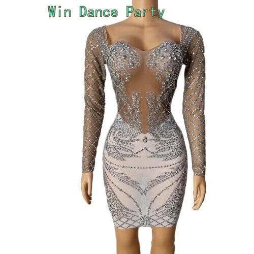 Shinning Rhinestone Mirror Mesh short Dress Women Birthday Stage play Celebrate Dress Dancer Party Show Dress