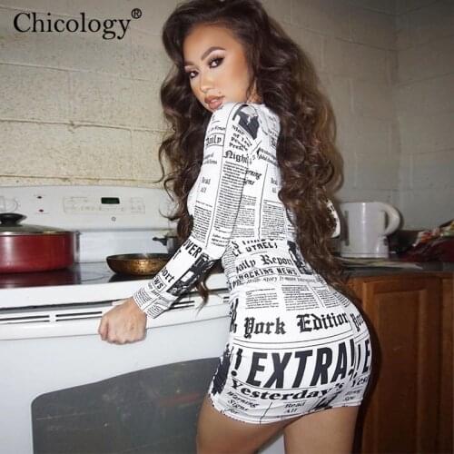 Chicology vintage print fashion mini dress long sleeve bodycon streetwear women summer autumn sexy outfits club gothic clothes
