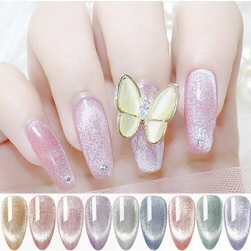 MEET ACROSS Spar Cat Eye Gel Soak Off Shining Chameleon Lacquers Glitter Bright Silver UV Gel Polish Magnetic Nail Art Varnishes