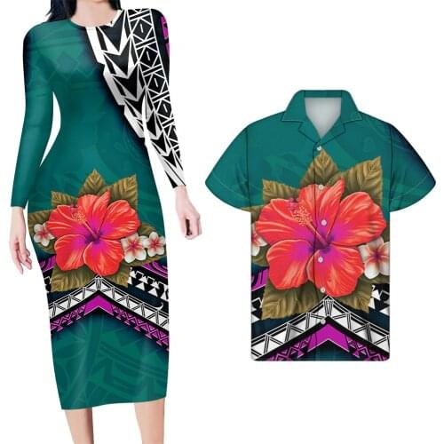 HYCOOL Women Casual Light Blue Plus Size Bodycon Dress Top Couple Clothes Polynesian Tribal Print Dress & Men Shirt Couple Dress