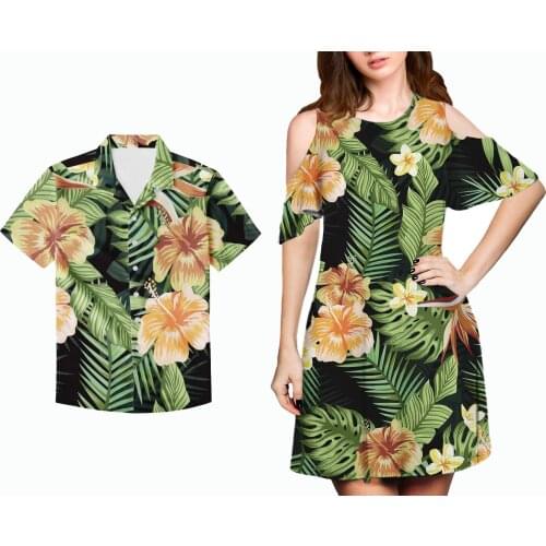 HYCOOL Yellow Polynesian Hibiscus Design Couple Clothing Women Cold Shoulder Short Sleeves Dress Match Men 5xl Hawaiian Shirts