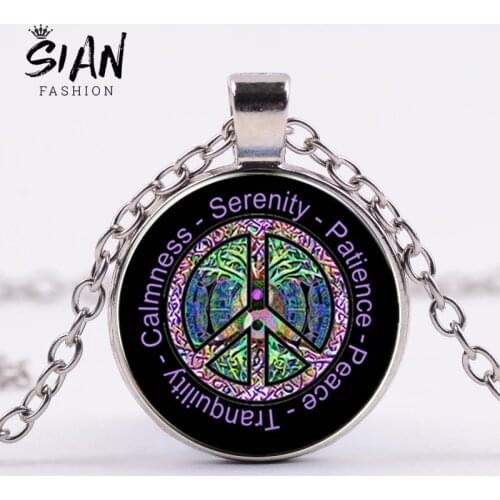 SIAN Creative Peace Sign Necklace Hippie Jewelry Purple Letter Trendy Printed Glass Cabochon Pendant Necklace Gift for Men Women
