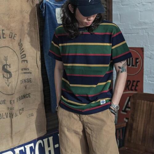 Non Stock 9.87 oz. Cotton IVY Style Stripe Crew Neck T-Shirt Preppy Style Mens Casual Tee