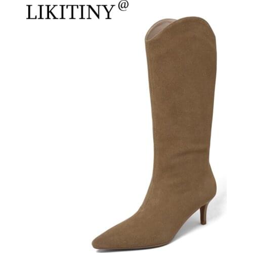 NEW LIKITINY 2021 Spring Autumn Womens shoes Pure Color Apricot Genuine Leather Half Boots Pointed Toe Stilettos Heels