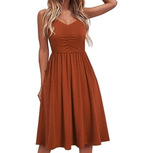Sling Solid Color Women Dress A-line Spaghetti Strap V-neck Shirring Waist Tight Knee-Length Plus Size Dress Streetwear