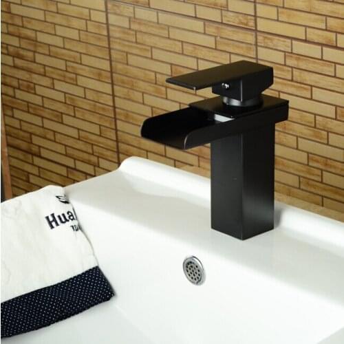 Bathroom soild brass oil rubbed bronze waterfall basin faucet black tall square faucets deck mounted waterfall water tap