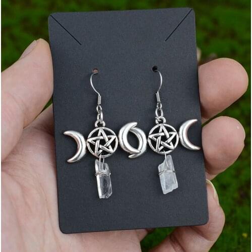 Pentagram Crescent With Crystal Stone Earring Luna Gothic Jewelry