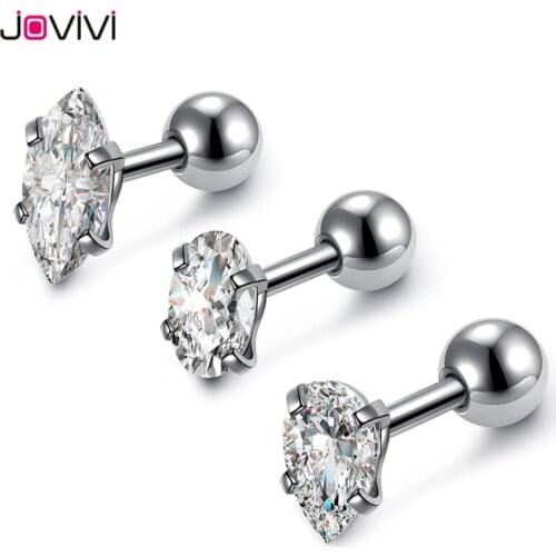 JOVIVI Stud Earrings Stainless Steel Clear Cubic Zircon Teardrop Oval Barbell Tragus Cartilage Helix Ear Stud Earring Jewelry