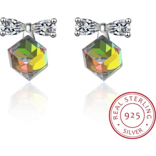 Lekani Genuine 925 Silver Cube Crystals From Swarovski Stud Earrings Zirconia Stone Fashion Bowknot Jewelry For Women Girls Gift